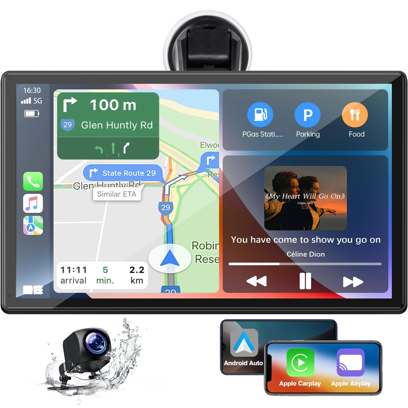 LAMTTO 9-Inch Wireless Car Stereo with Carplay, 1080P Camera