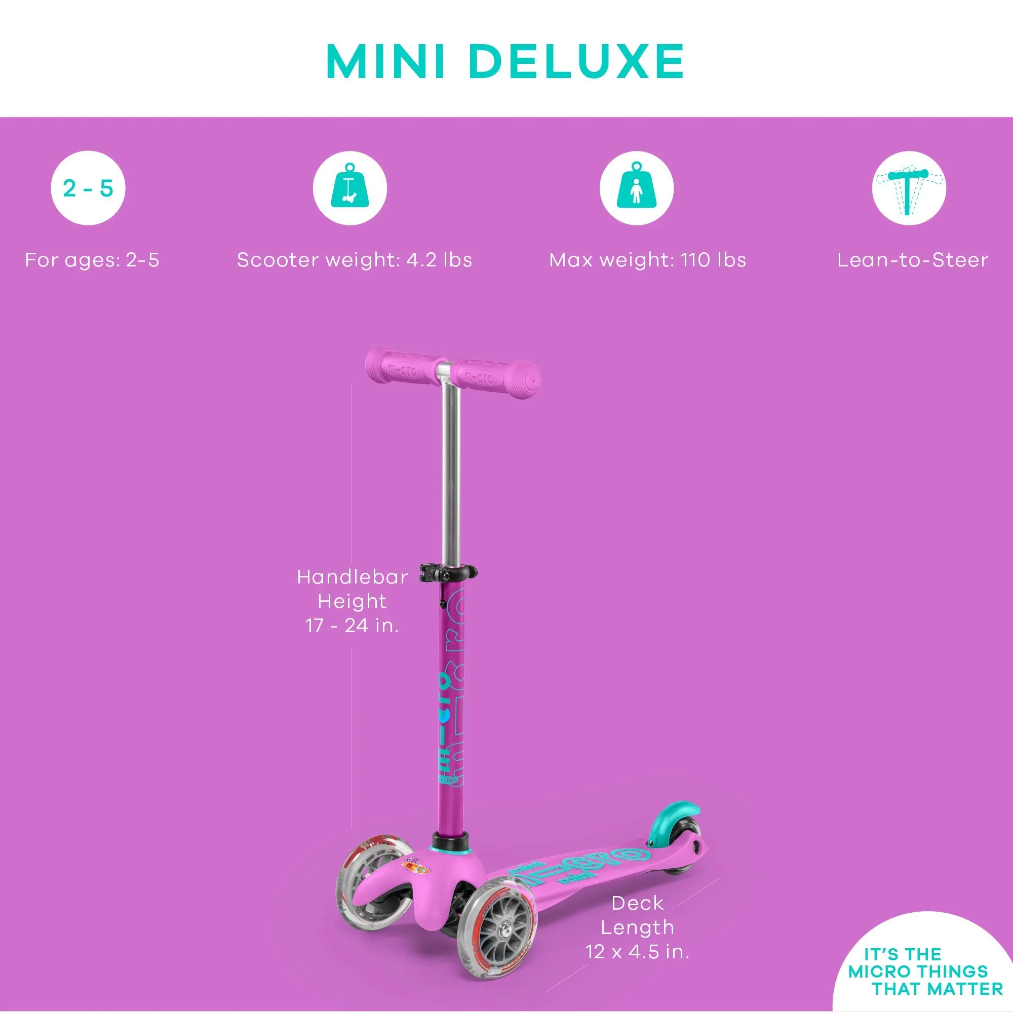 Mini Deluxe 3-Wheeled, Micro Scooter for Kids, Ages 2-5