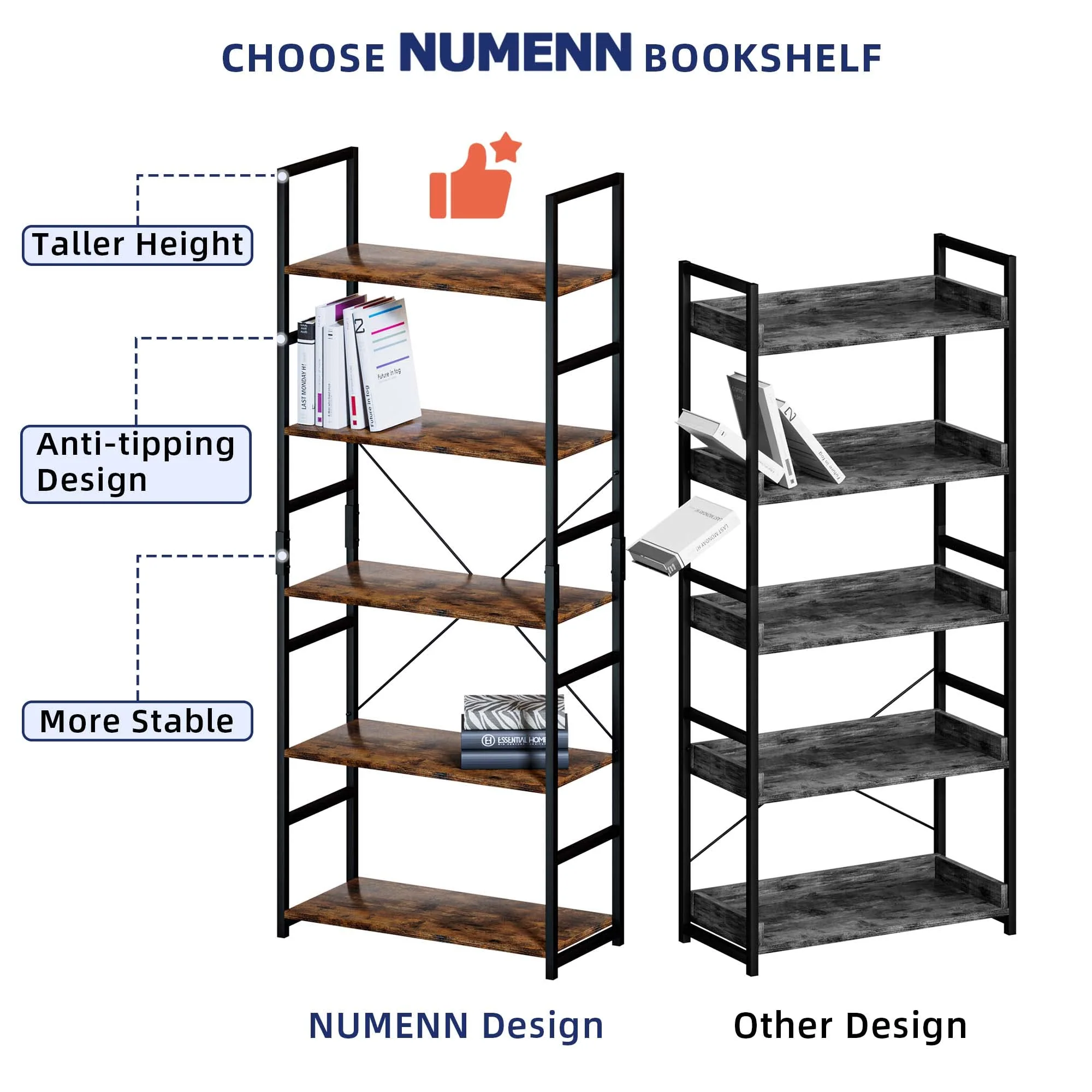 NUMENN 5 Tier Bookshelf, Tall Bookcase Shelf Storage Organizer