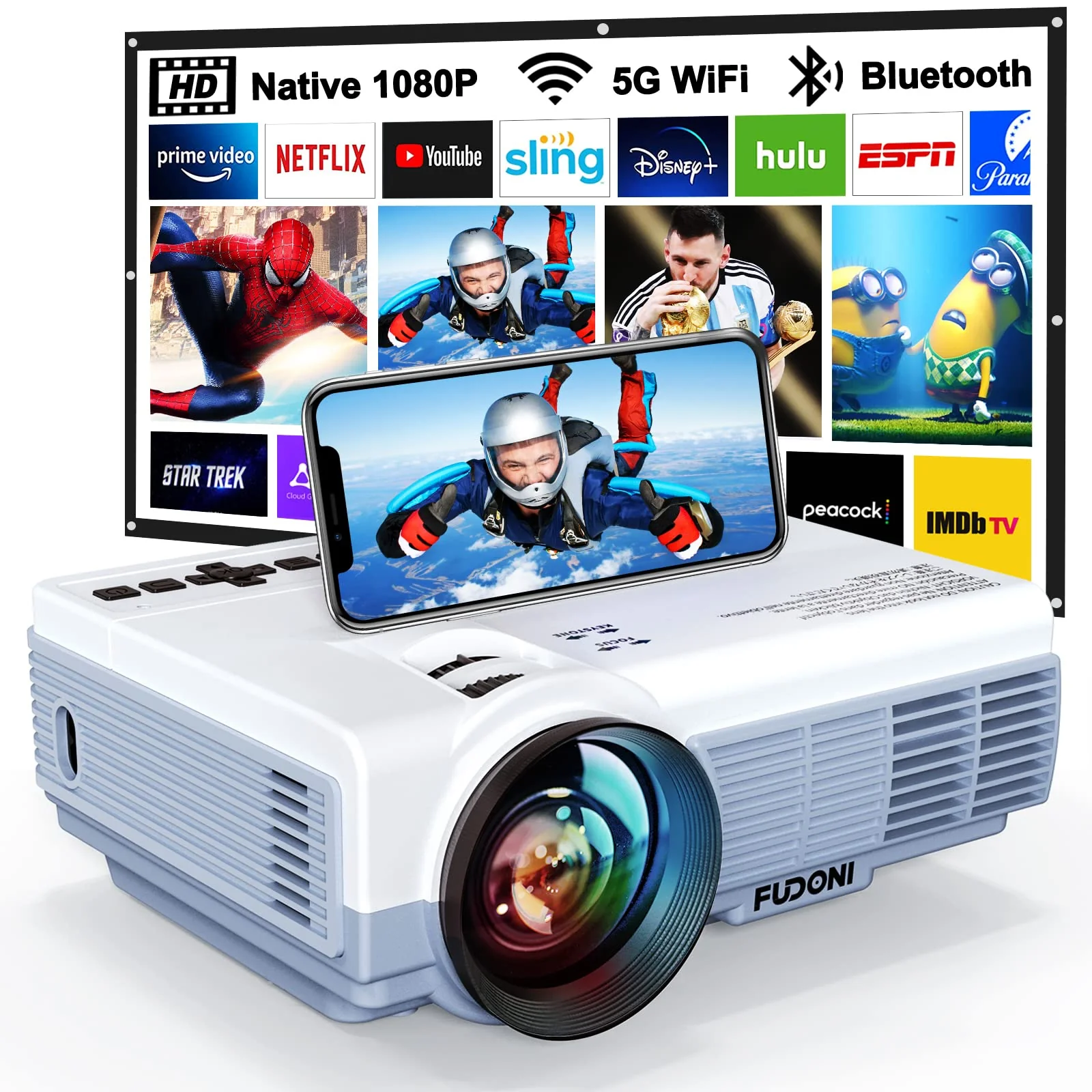 FUDONI Portable Outdoor Projector with Screen for Home Theater