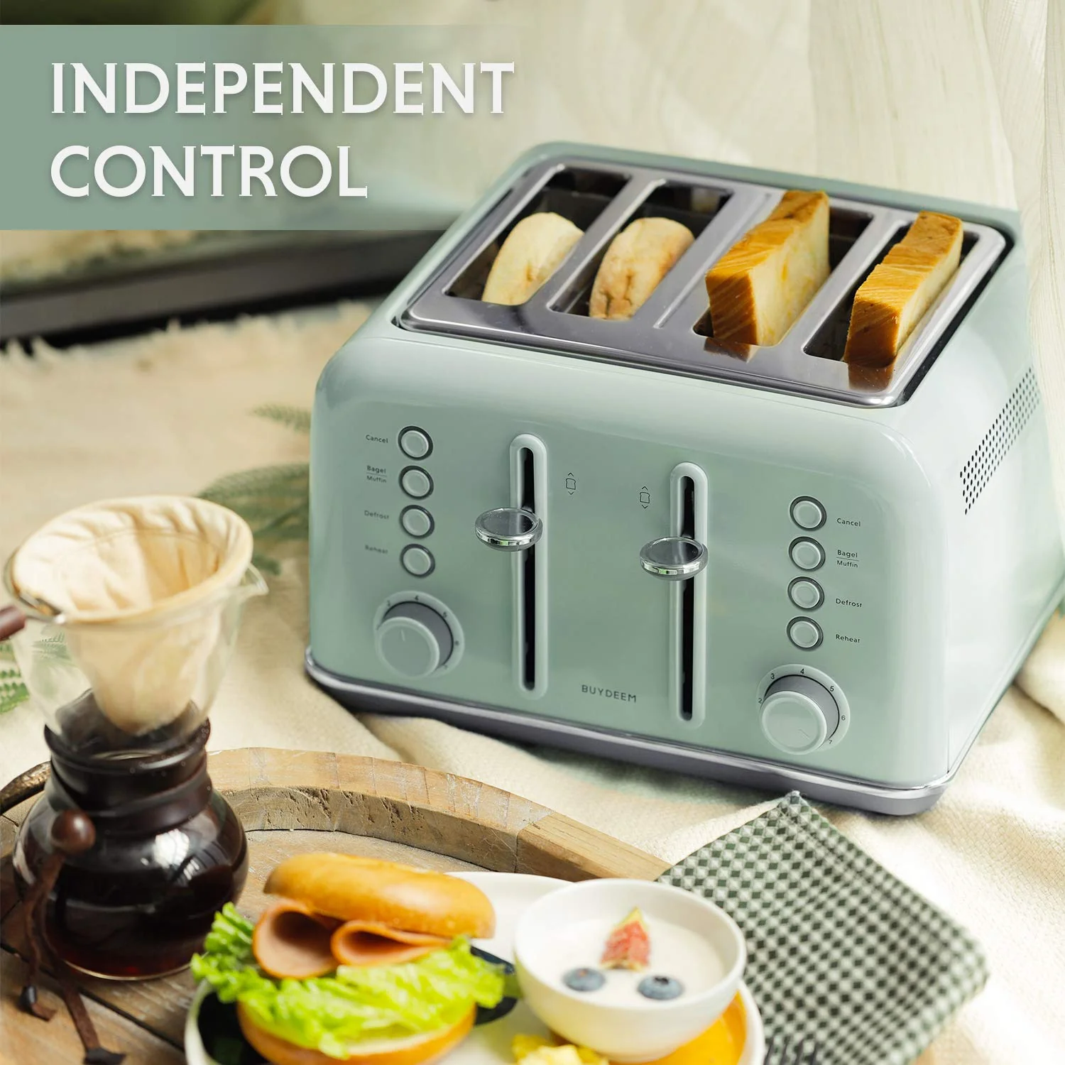 BUYDEEM Stainless Steel 4 Slice Toaster, Extra Wide Slots