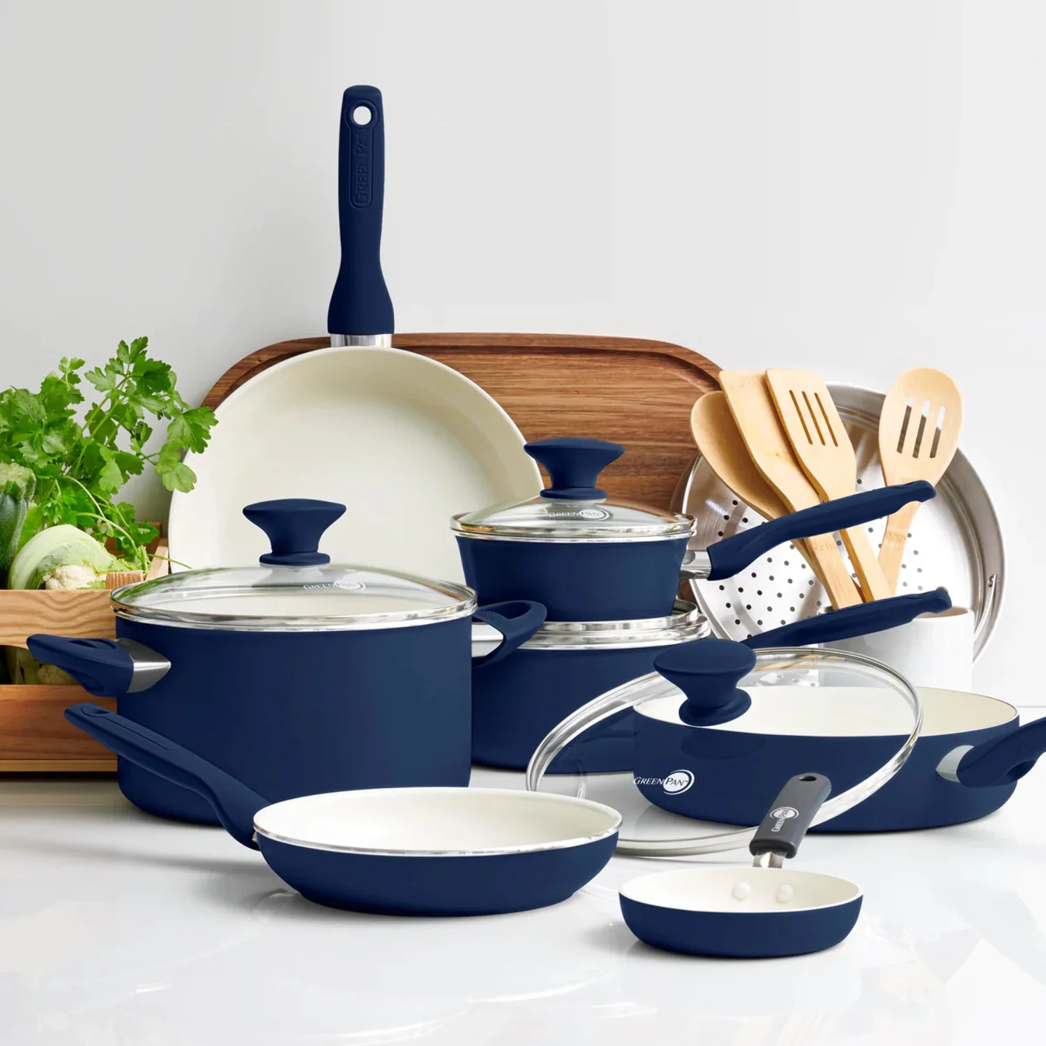 GreenPan Rio Ceramic Nonstick 16-Piece Cookware Set - Navy