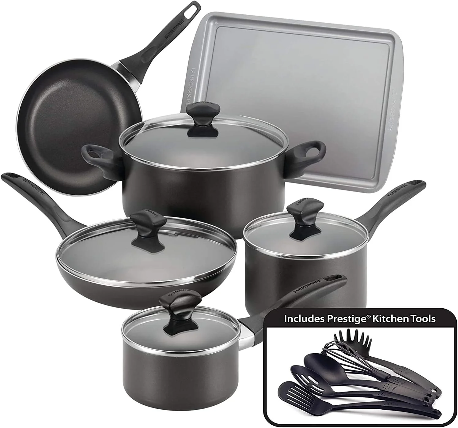 Dishwasher Safe Nonstick Cookware Pots and Pans Set, 15 Piece, Black