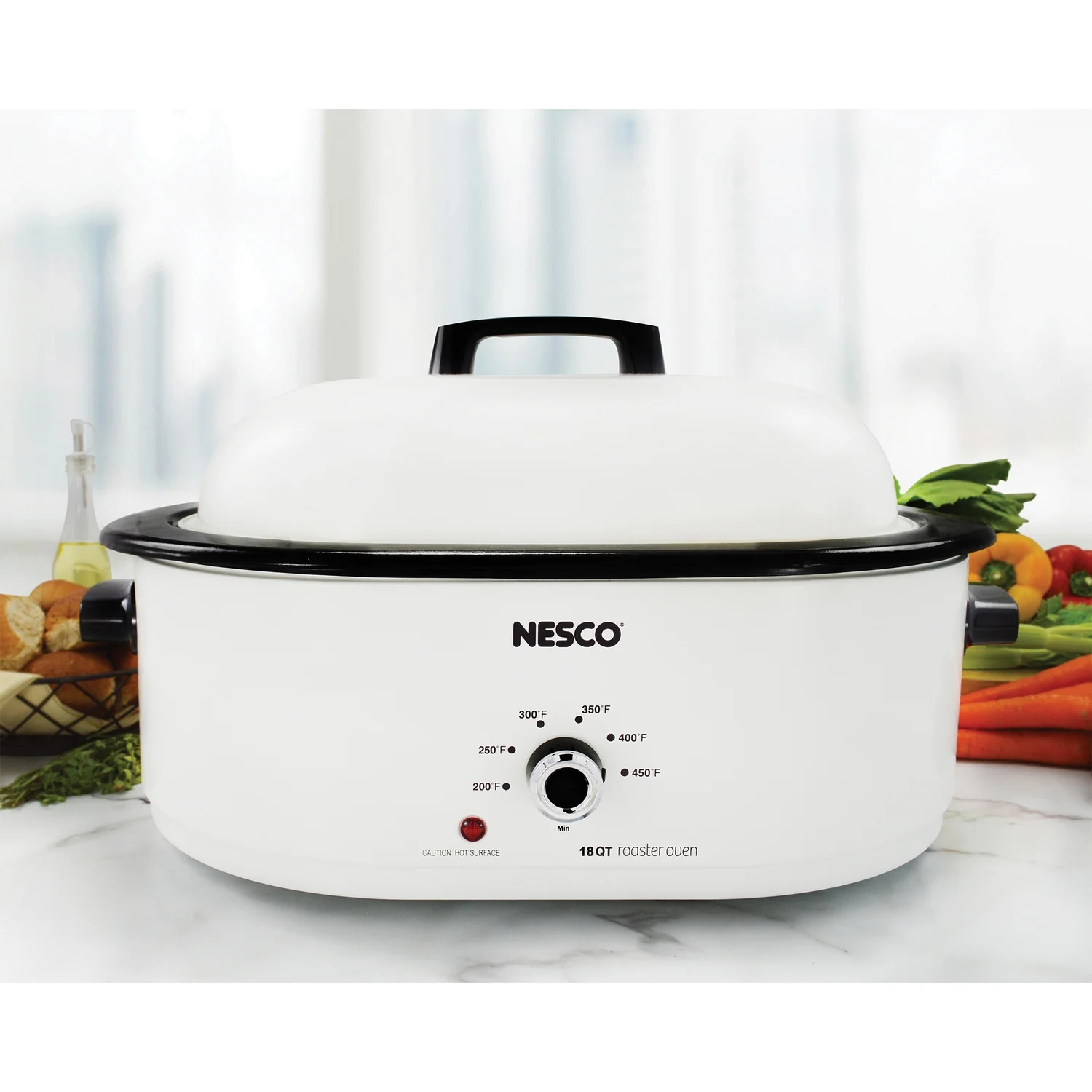 NESCO 18-Qt 1,450-Watt Roaster with Porcelain Cookwell, White