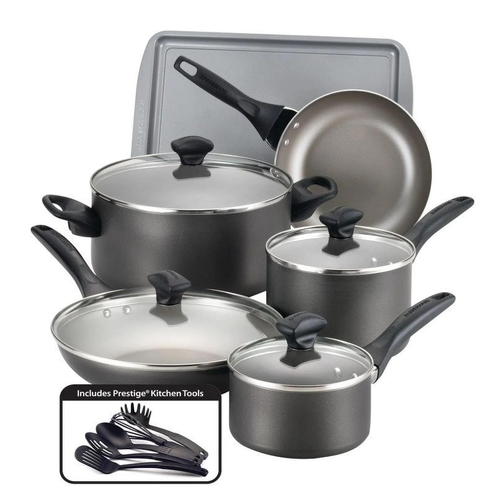 Farberware Dishwasher Safe Nonstick 15 Piece Cookware Set in Pewter