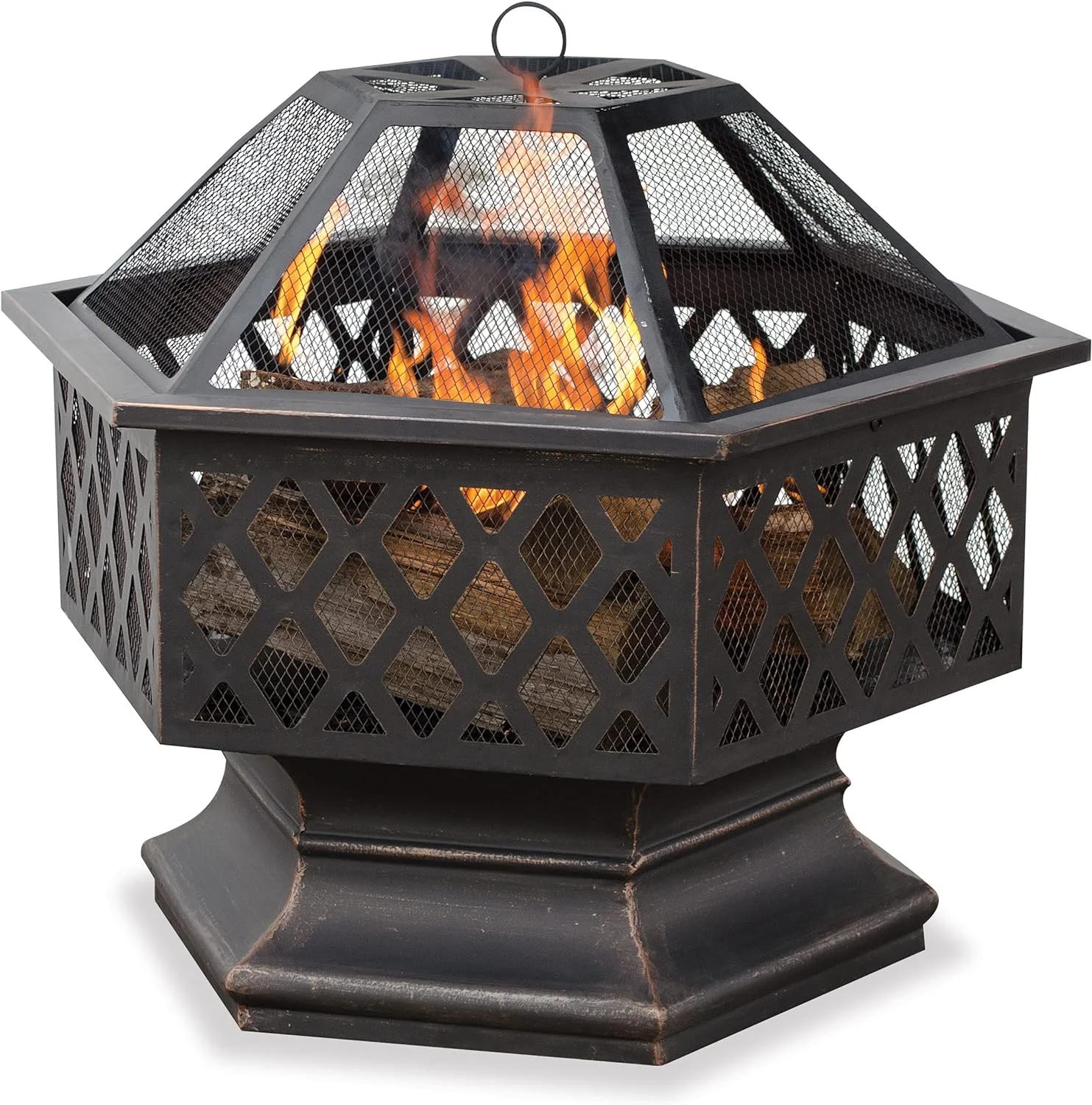 Hex Shaped Outdoor Fire Bowl With Lattice, Oil Rubbed Bronze