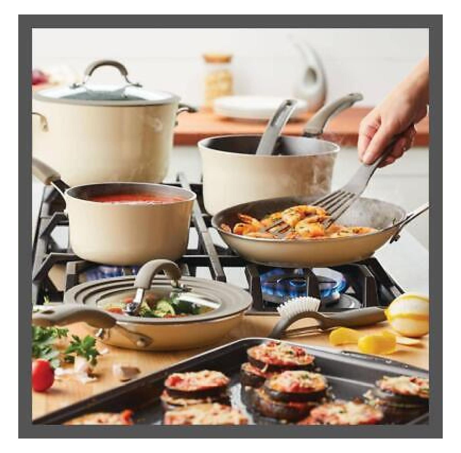 FENG20 Cook + Create 11pc Aluminum Nonstick Cookware Set - Almond