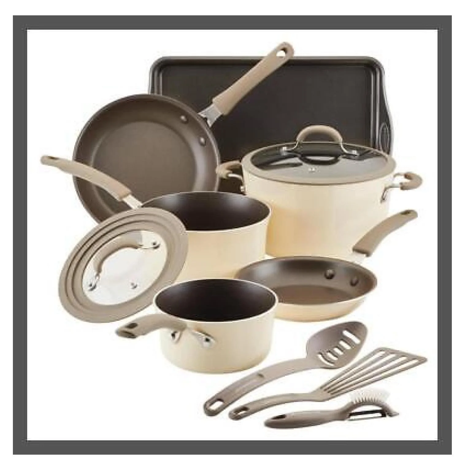 FENG20 Cook + Create 11pc Aluminum Nonstick Cookware Set - Almond