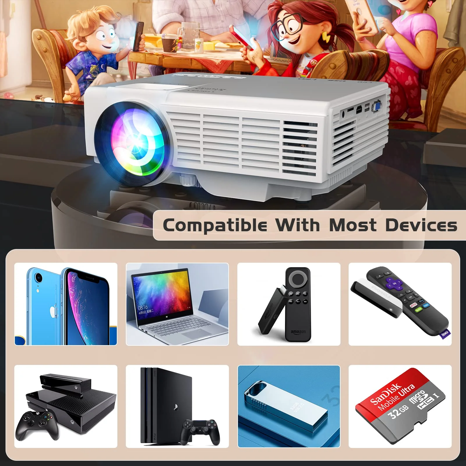 PANSEBA Mini Projector with Bluetooth and Projector Screen