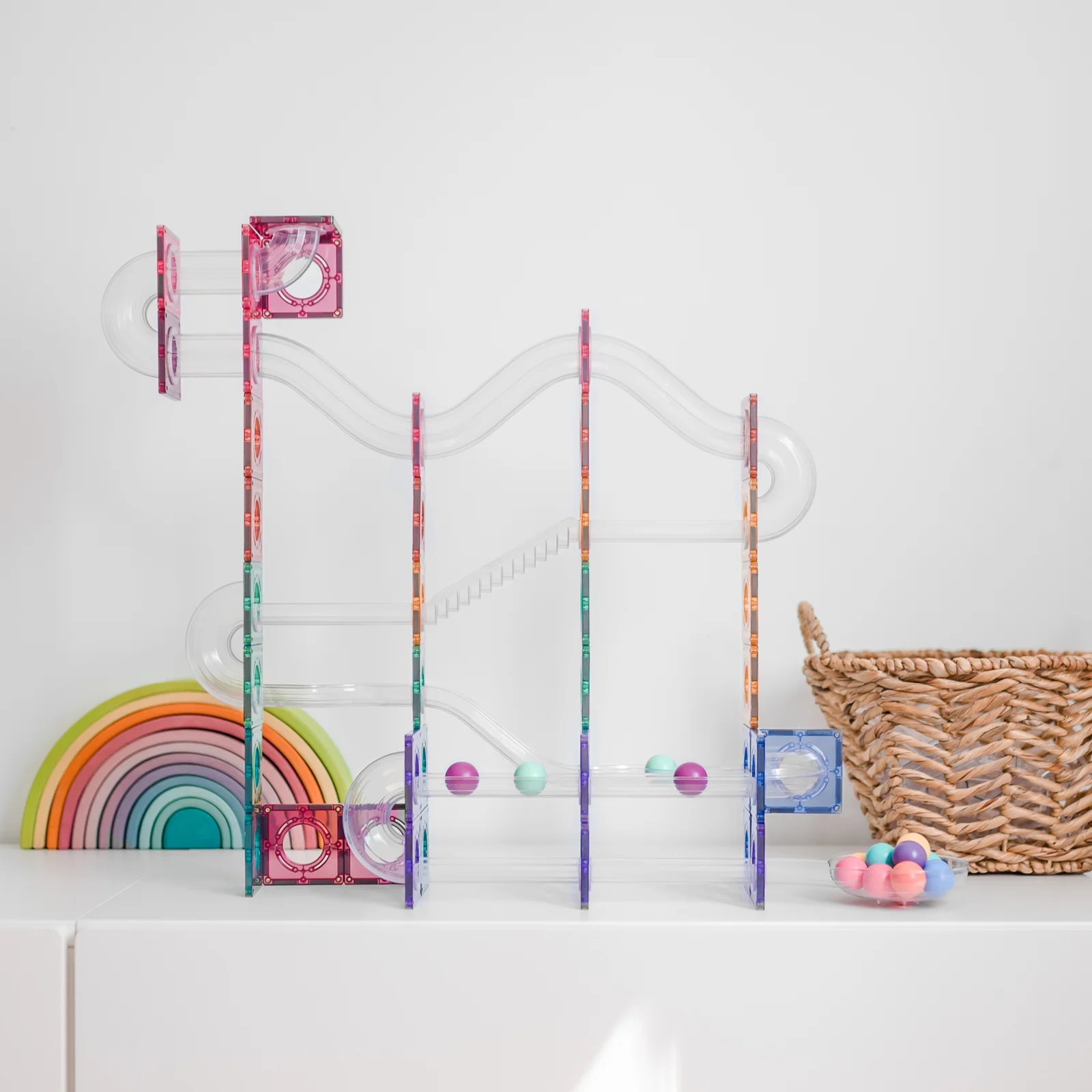 CONNETIX Magnetic Tiles, Pastel Ball Run Pack, 106 Pieces
