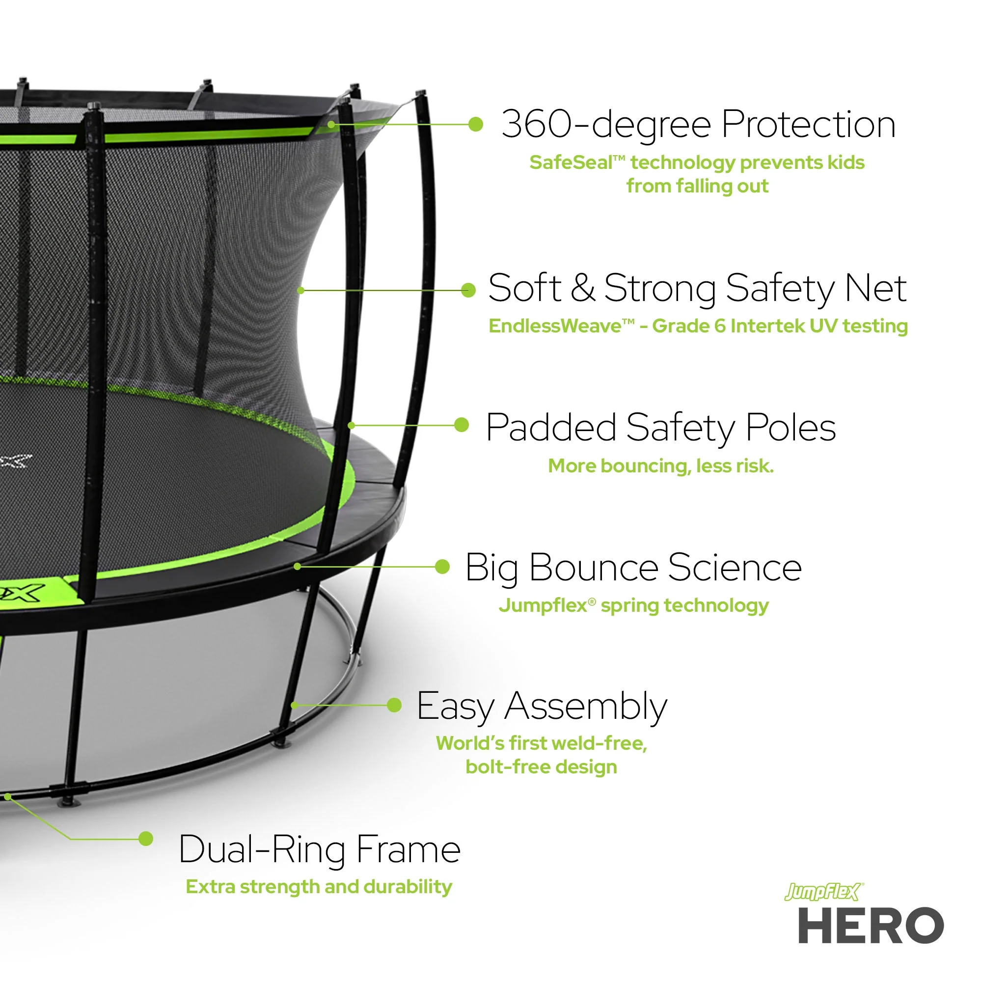 JumpFlex HERO 12 Foot Round Trampoline for Kids Playset, Green/Black