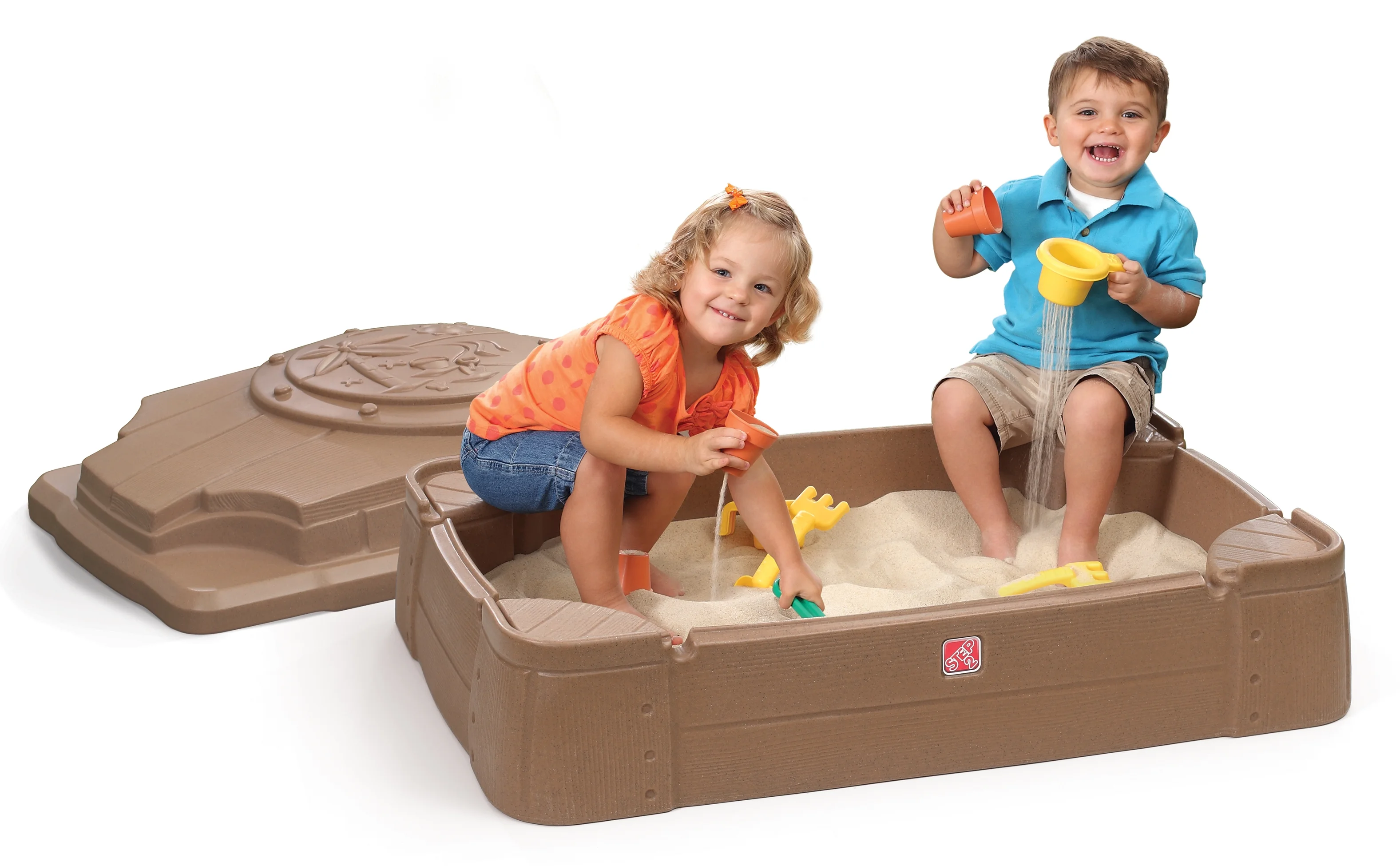 Step2 Play and Store Kids Plastic Sandbox with Cover, Brown